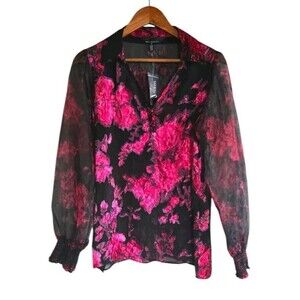 WHBM Blouse Women's Medium Sheer Organza Sleeve Floral Silk Burnout NWT